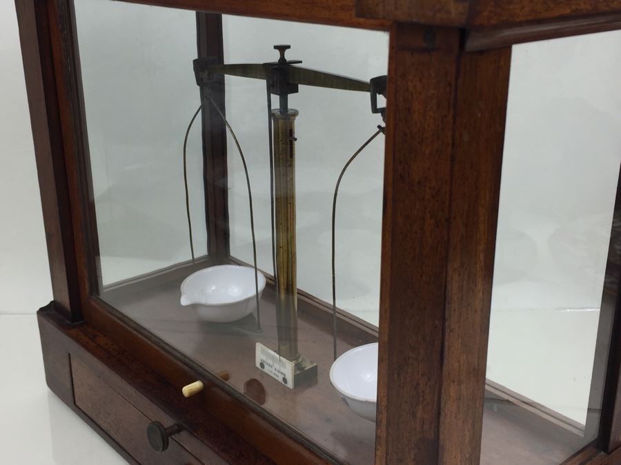 Large Antique Late 1800's Becker & Sons Apothecary Scale Excellent Condition Inside Wooden Case With Glass Panels Has Drawer And Weights Rotterdam, Netherlands [Photo 20]