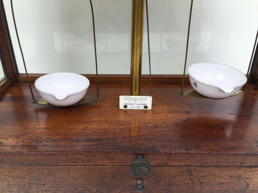 Large Antique Late 1800's Becker & Sons Apothecary Scale Excellent Condition Inside Wooden Case With Glass Panels Has Drawer And Weights Rotterdam, Netherlands [Photo 10]