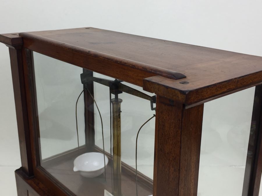 Large Antique Late 1800's Becker & Sons Apothecary Scale Excellent Condition Inside Wooden Case With Glass Panels Has Drawer And Weights Rotterdam, Netherlands [Photo 21]