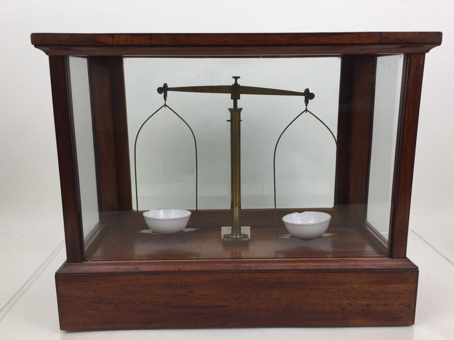Large Antique Late 1800's Becker & Sons Apothecary Scale Excellent Condition Inside Wooden Case With Glass Panels Has Drawer And Weights Rotterdam, Netherlands [Photo 25]