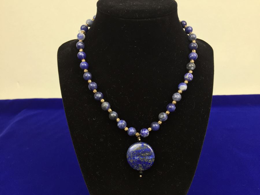 Lapis Lazuli Pendant With Lapis Lazuli And Brass Bead Necklace