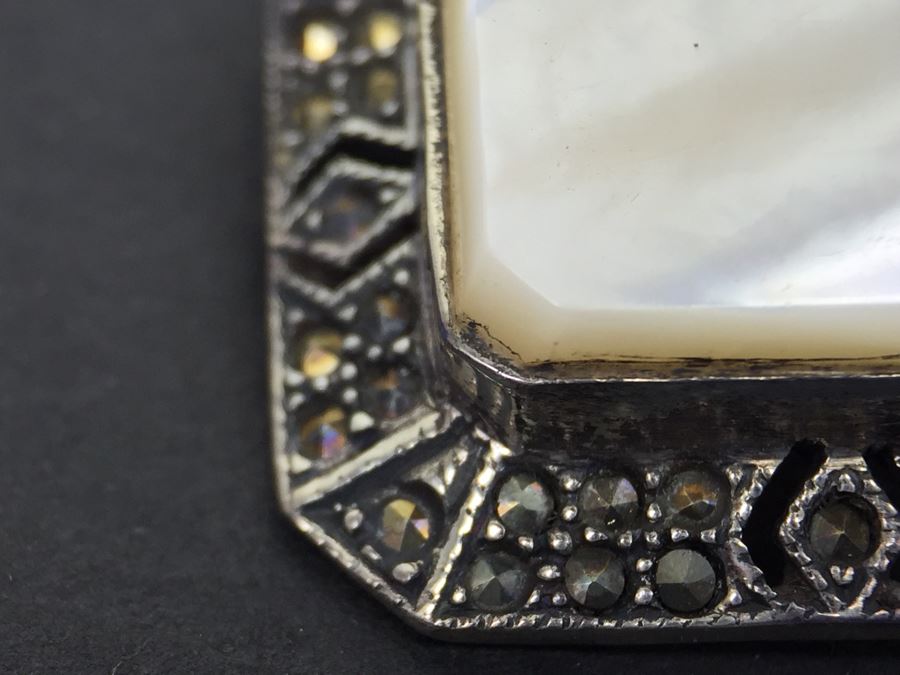 Vintage Sterling Silver Marcasite And Mother Of Pearl Brooch Signed MT [Photo 6]
