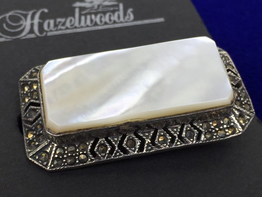 Vintage Sterling Silver Marcasite And Mother Of Pearl Brooch Signed MT [Photo 17]