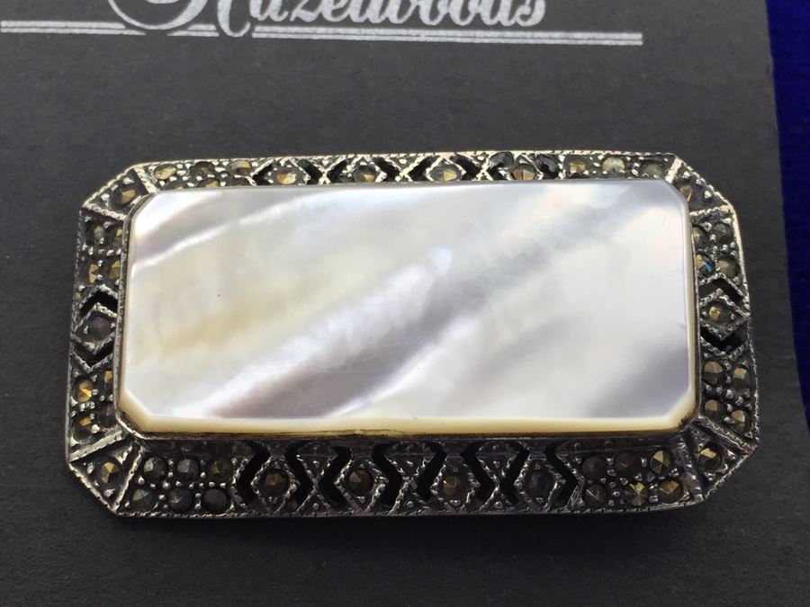Vintage Sterling Silver Marcasite And Mother Of Pearl Brooch Signed MT [Photo 5]