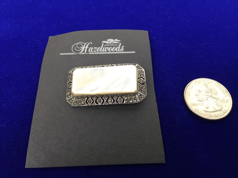 Vintage Sterling Silver Marcasite And Mother Of Pearl Brooch Signed MT [Photo 4]