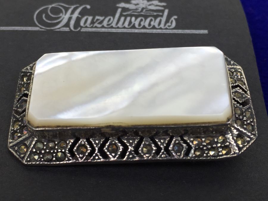 Vintage Sterling Silver Marcasite And Mother Of Pearl Brooch Signed MT [Photo 2]