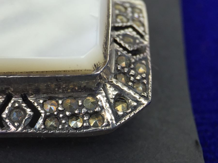 Vintage Sterling Silver Marcasite And Mother Of Pearl Brooch Signed MT [Photo 8]
