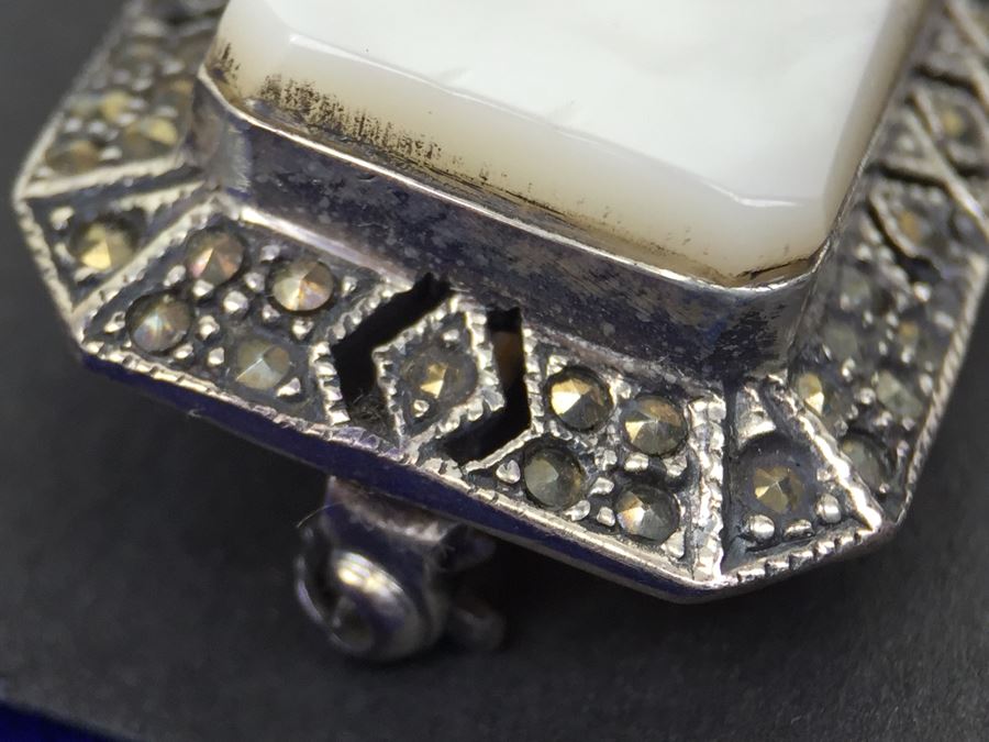 Vintage Sterling Silver Marcasite And Mother Of Pearl Brooch Signed MT [Photo 9]