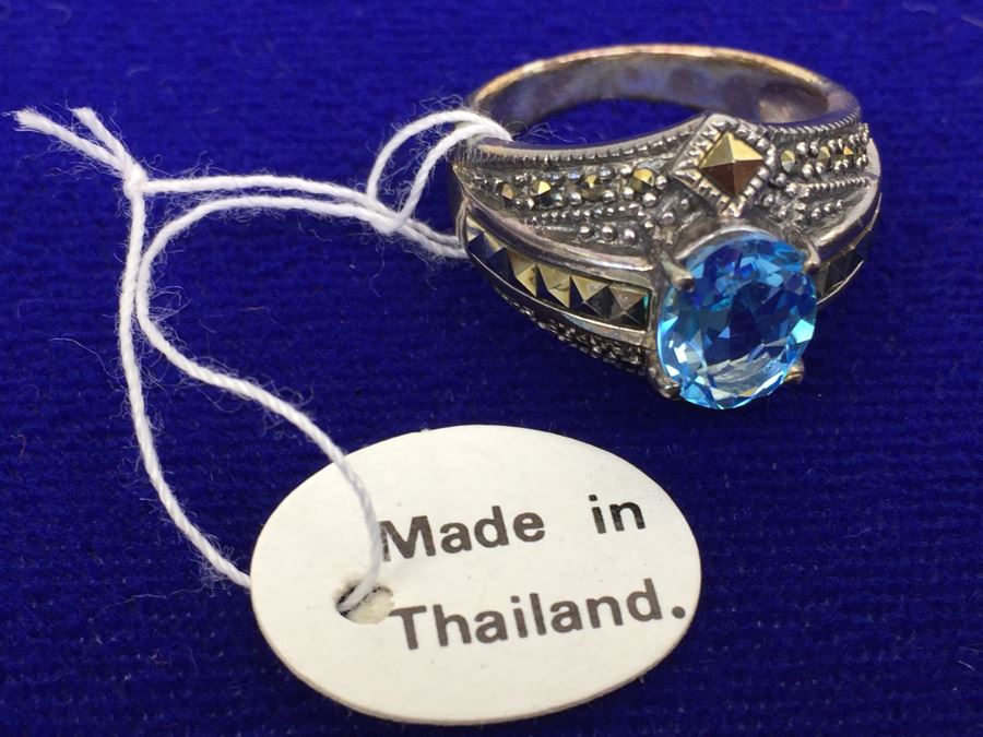 Approx. 3CT Blue Topaz Marcasite Ring In Sterling Silver Thailand New With Tags