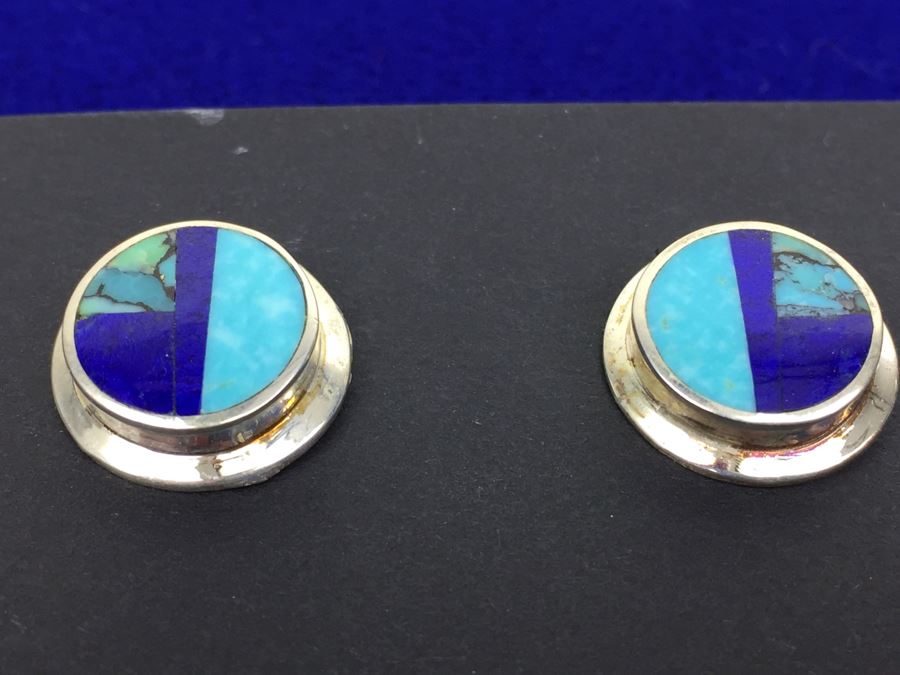 Sterling Silver Lapis And Turquoise Pierced Earrings Signed New Mexico