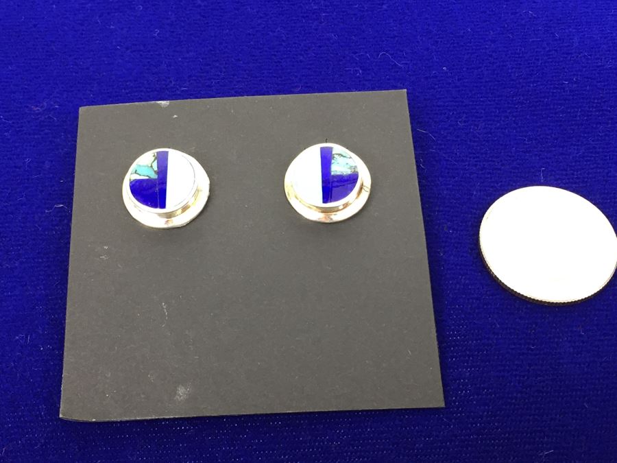 Sterling Silver Lapis And Turquoise Pierced Earrings Signed New Mexico [Photo 4]