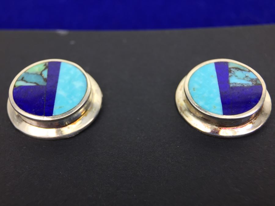 Sterling Silver Lapis And Turquoise Pierced Earrings Signed New Mexico [Photo 9]