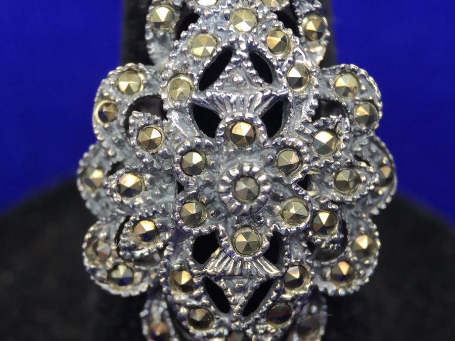 Sterling Silver And Marcasite Large Ring Signed Thailand Size 7 [Photo 8]