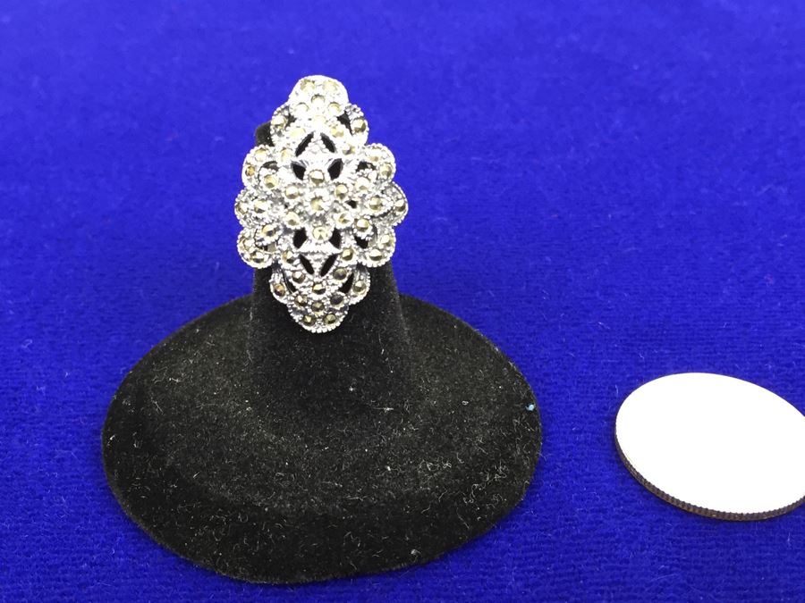 Sterling Silver And Marcasite Large Ring Signed Thailand Size 7 [Photo 4]