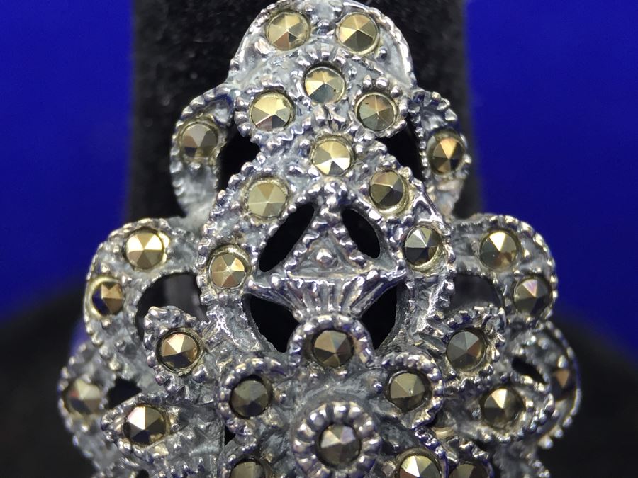Sterling Silver And Marcasite Large Ring Signed Thailand Size 7 [Photo 2]
