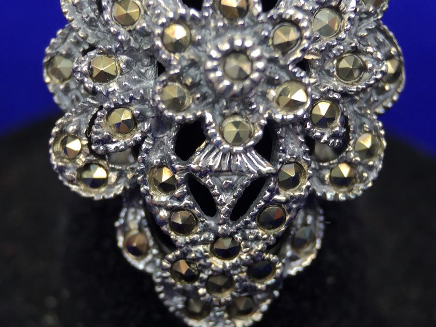 Sterling Silver And Marcasite Large Ring Signed Thailand Size 7 [Photo 9]