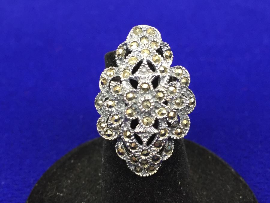 Sterling Silver And Marcasite Large Ring Signed Thailand Size 7