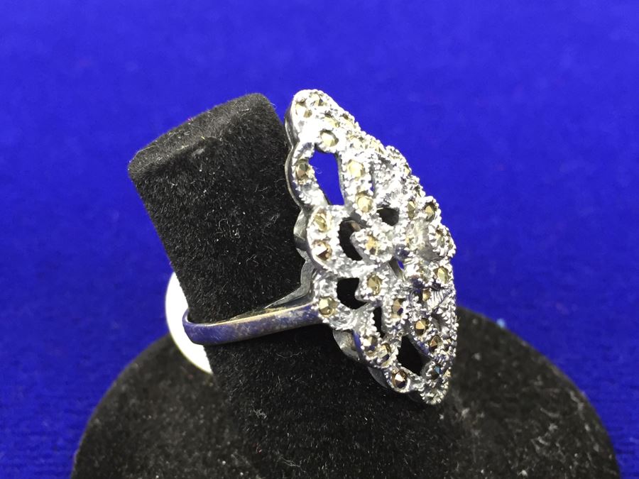 Sterling Silver And Marcasite Large Ring Signed Thailand Size 7 [Photo 3]