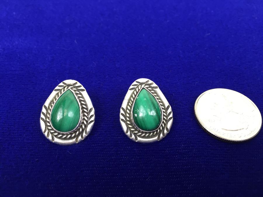 Sterling Silver Malachite Native American Pierced Earrings Signed TT Sterling [Photo 4]