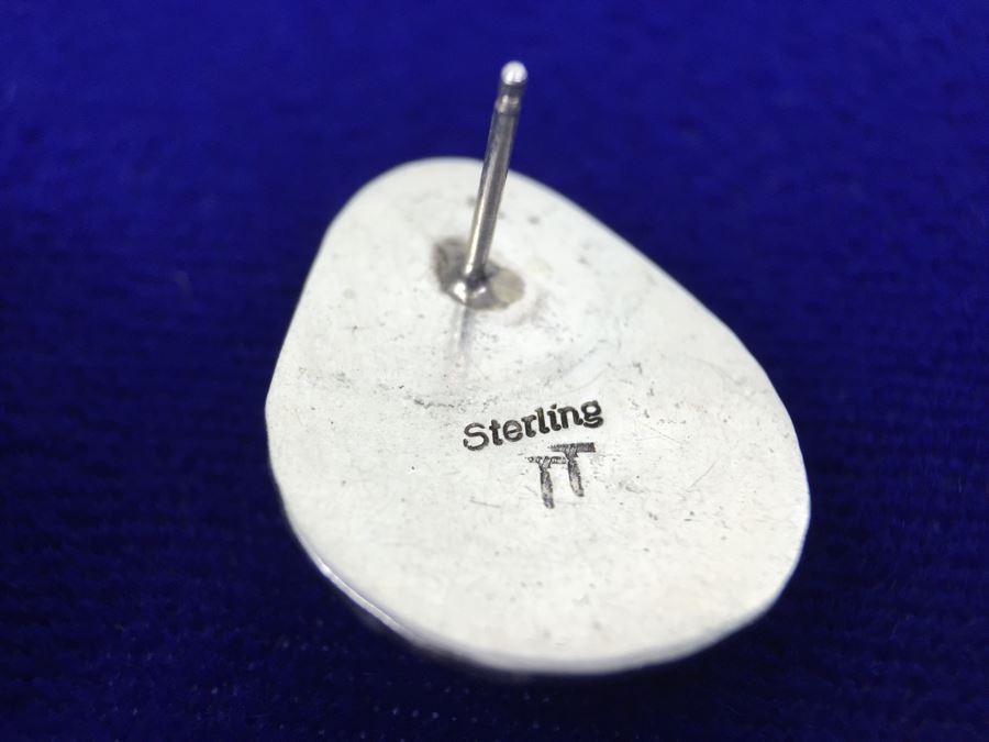 Sterling Silver Malachite Native American Pierced Earrings Signed TT Sterling [Photo 6]