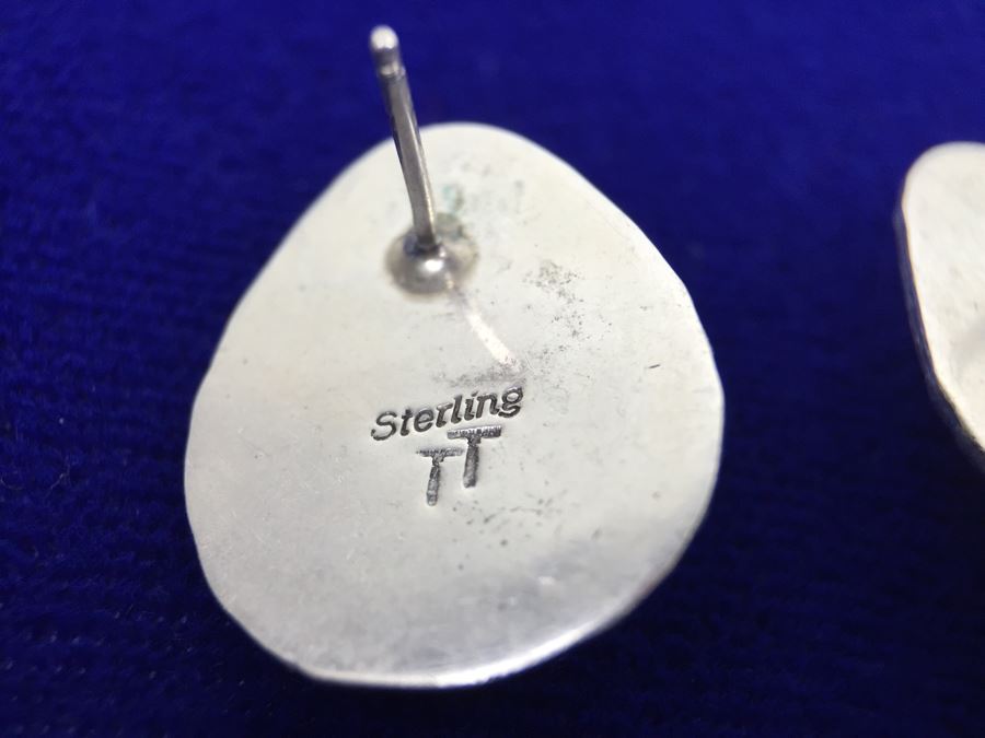 Sterling Silver Malachite Native American Pierced Earrings Signed TT Sterling [Photo 7]