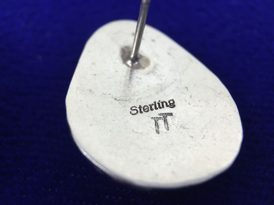 Sterling Silver Malachite Native American Pierced Earrings Signed TT Sterling [Photo 3]