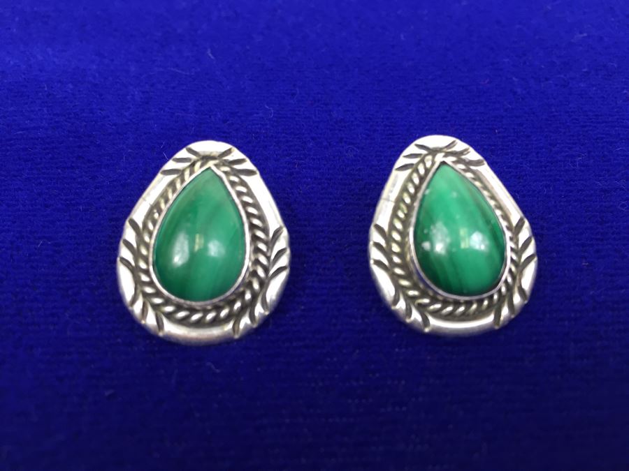 Sterling Silver Malachite Native American Pierced Earrings Signed TT Sterling