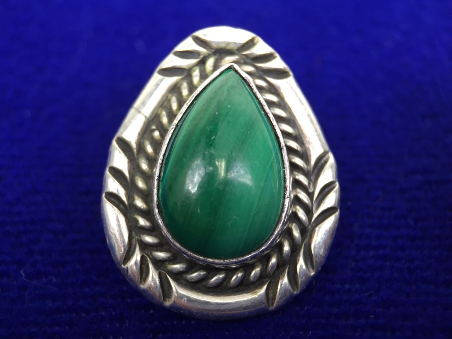 Sterling Silver Malachite Native American Pierced Earrings Signed TT Sterling [Photo 5]