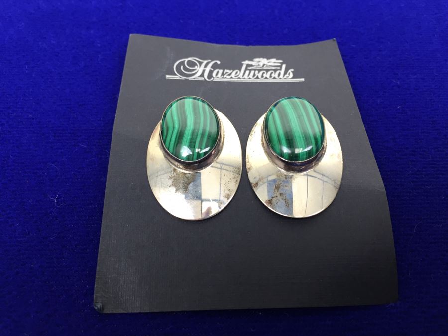 Sterling Silver Malachite Earrings Signed STE Sterling [Photo 1]