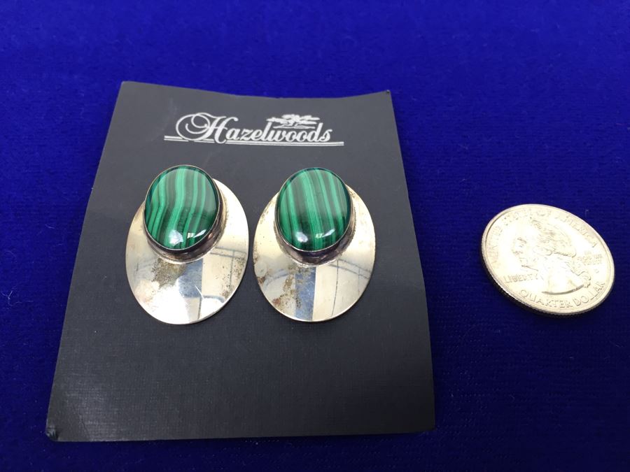 Sterling Silver Malachite Earrings Signed STE Sterling [Photo 3]
