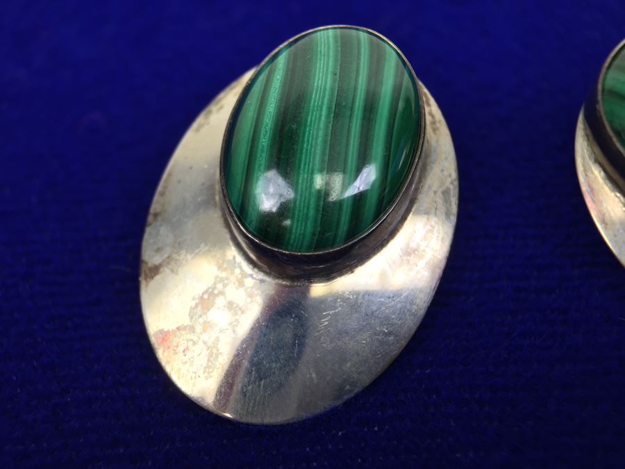 Sterling Silver Malachite Earrings Signed STE Sterling [Photo 5]