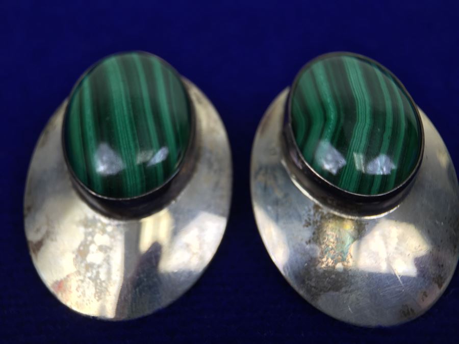 Sterling Silver Malachite Earrings Signed STE Sterling [Photo 2]