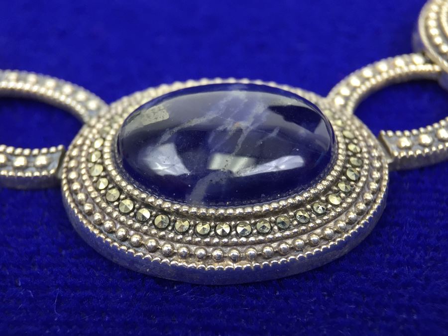 Stunning Vintage Sterling Silver Amethyst Cabochon And Marcasite Necklace Signed 925 S.M.J. [Photo 14]