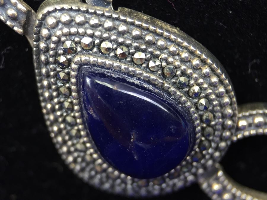 Stunning Vintage Sterling Silver Amethyst Cabochon And Marcasite Necklace Signed 925 S.M.J. [Photo 8]