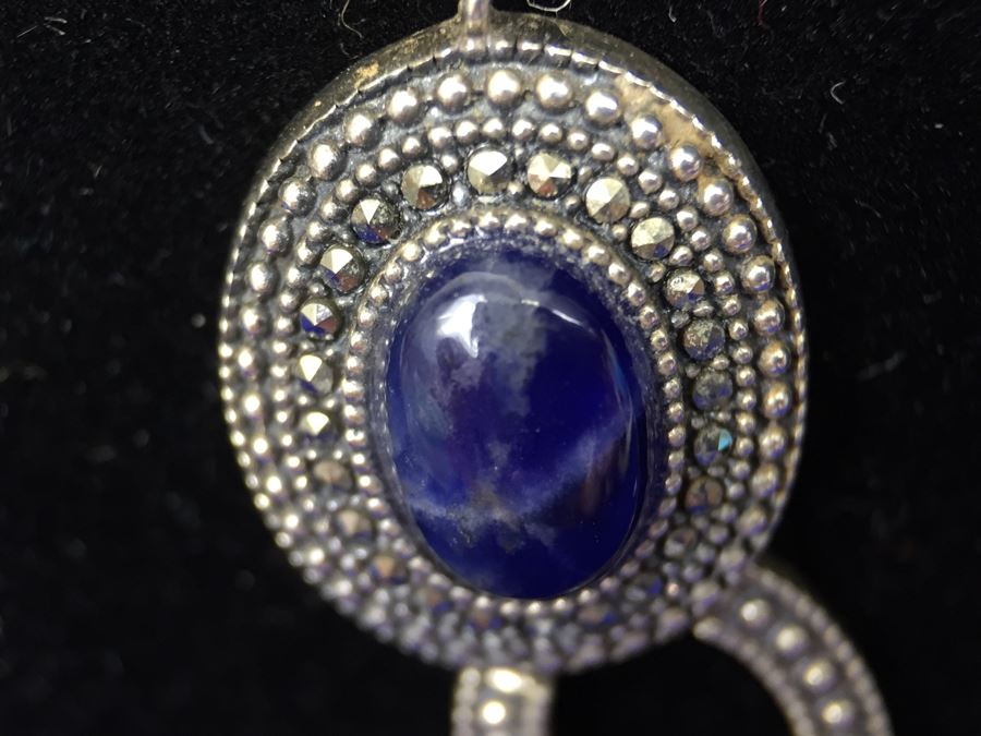 Stunning Vintage Sterling Silver Amethyst Cabochon And Marcasite Necklace Signed 925 S.M.J. [Photo 9]