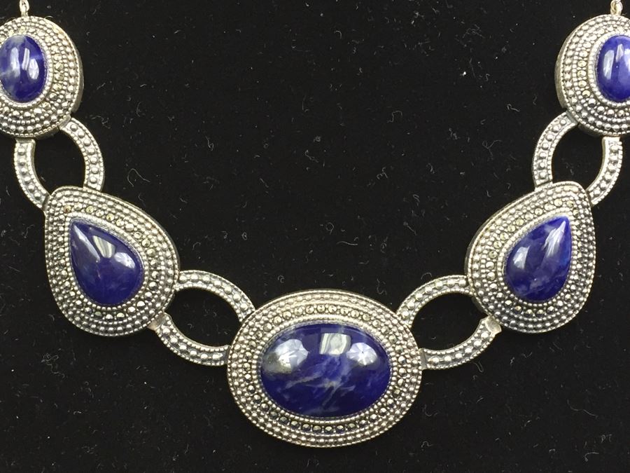 Stunning Vintage Sterling Silver Amethyst Cabochon And Marcasite Necklace Signed 925 S.M.J. [Photo 5]