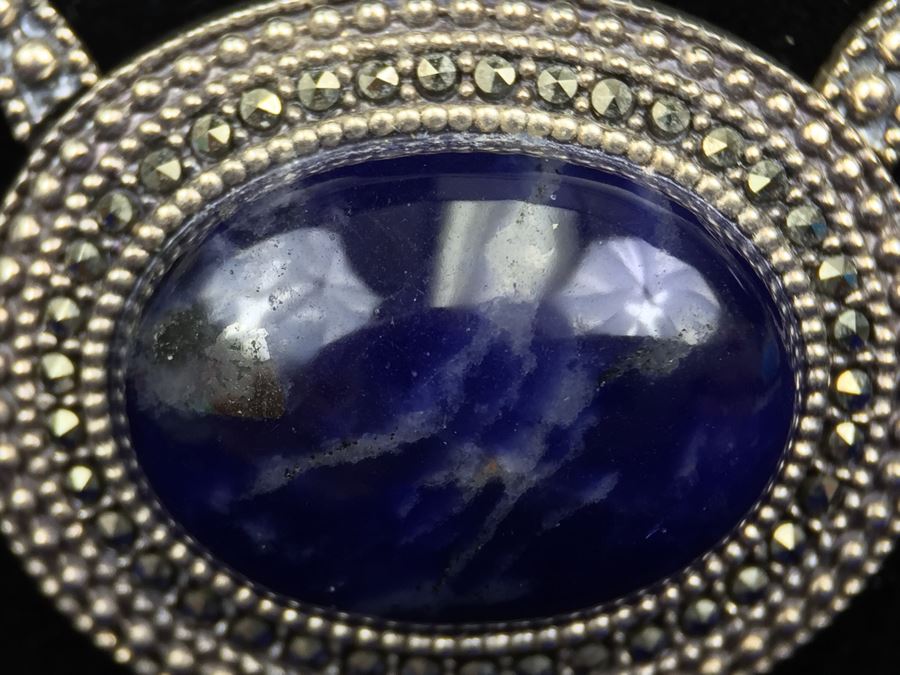 Stunning Vintage Sterling Silver Amethyst Cabochon And Marcasite Necklace Signed 925 S.M.J. [Photo 6]