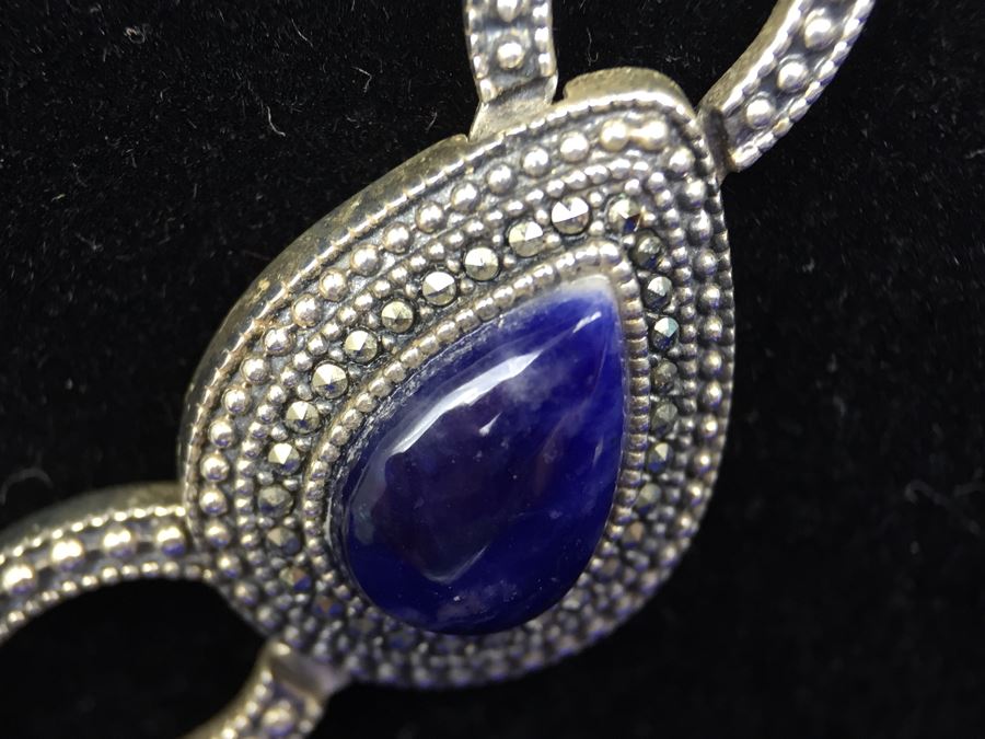 Stunning Vintage Sterling Silver Amethyst Cabochon And Marcasite Necklace Signed 925 S.M.J. [Photo 11]