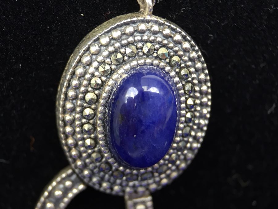 Stunning Vintage Sterling Silver Amethyst Cabochon And Marcasite Necklace Signed 925 S.M.J. [Photo 10]