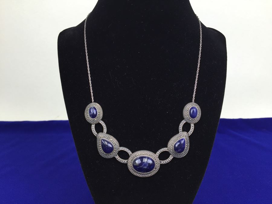 Stunning Vintage Sterling Silver Amethyst Cabochon And Marcasite Necklace Signed 925 S.M.J. [Photo 1]