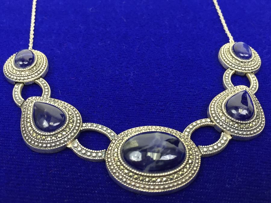 Stunning Vintage Sterling Silver Amethyst Cabochon And Marcasite Necklace Signed 925 S.M.J. [Photo 16]