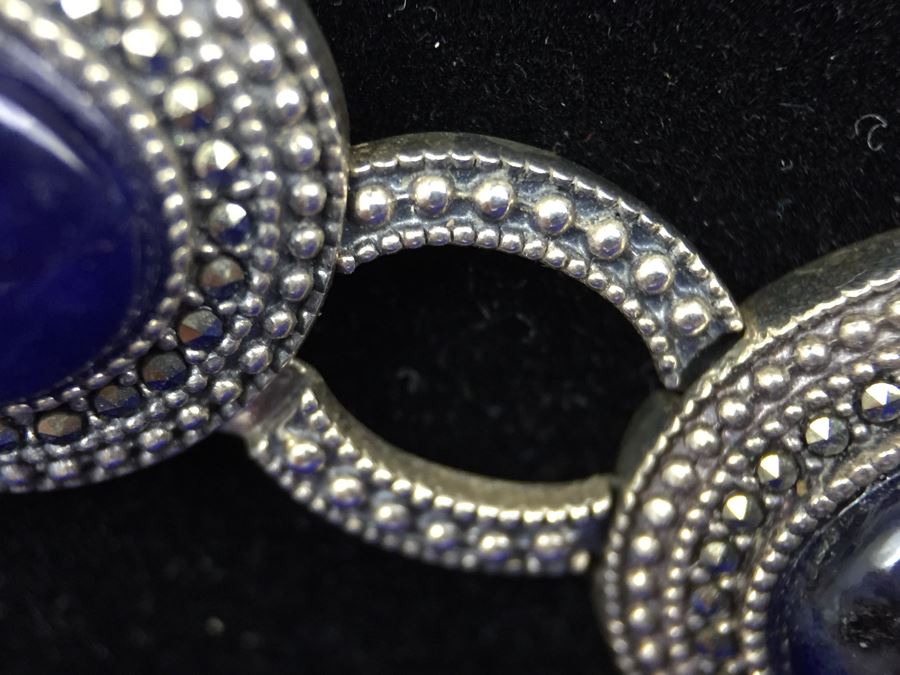 Stunning Vintage Sterling Silver Amethyst Cabochon And Marcasite Necklace Signed 925 S.M.J. [Photo 7]