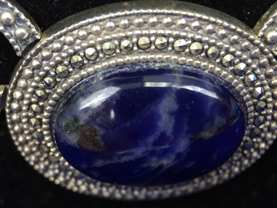 Stunning Vintage Sterling Silver Amethyst Cabochon And Marcasite Necklace Signed 925 S.M.J. [Photo 2]