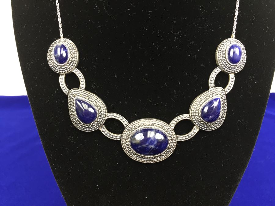 Stunning Vintage Sterling Silver Amethyst Cabochon And Marcasite Necklace Signed 925 S.M.J. [Photo 4]