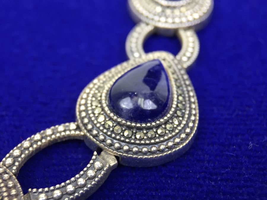 Stunning Vintage Sterling Silver Amethyst Cabochon And Marcasite Necklace Signed 925 S.M.J. [Photo 15]