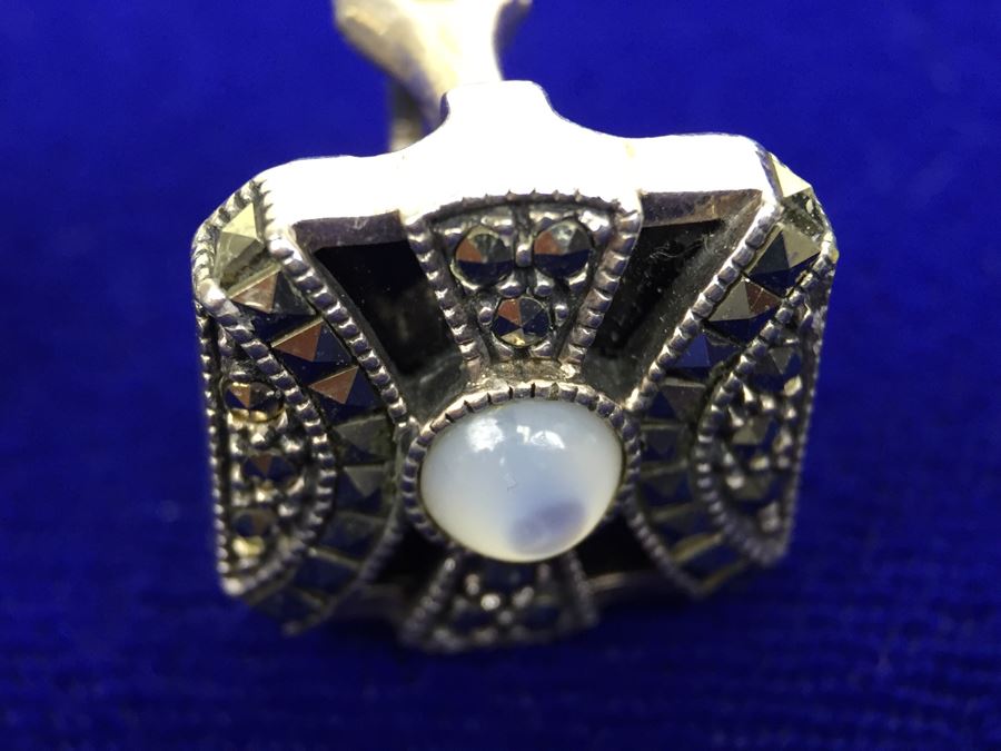 Vintage Sterling Silver Marcasite, Moonstone, Black Onyx Pierced Earrings Signed Sterling JJ Judith Jack [Photo 5]