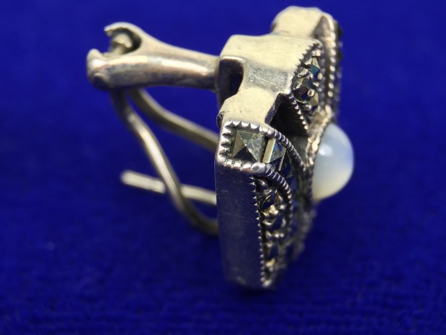 Vintage Sterling Silver Marcasite, Moonstone, Black Onyx Pierced Earrings Signed Sterling JJ Judith Jack [Photo 7]