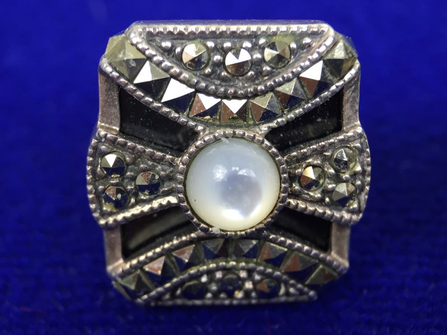 Vintage Sterling Silver Marcasite, Moonstone, Black Onyx Pierced Earrings Signed Sterling JJ Judith Jack [Photo 4]