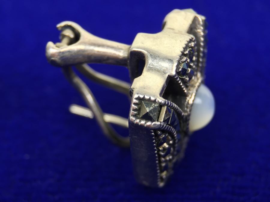 Vintage Sterling Silver Marcasite, Moonstone, Black Onyx Pierced Earrings Signed Sterling JJ Judith Jack [Photo 8]