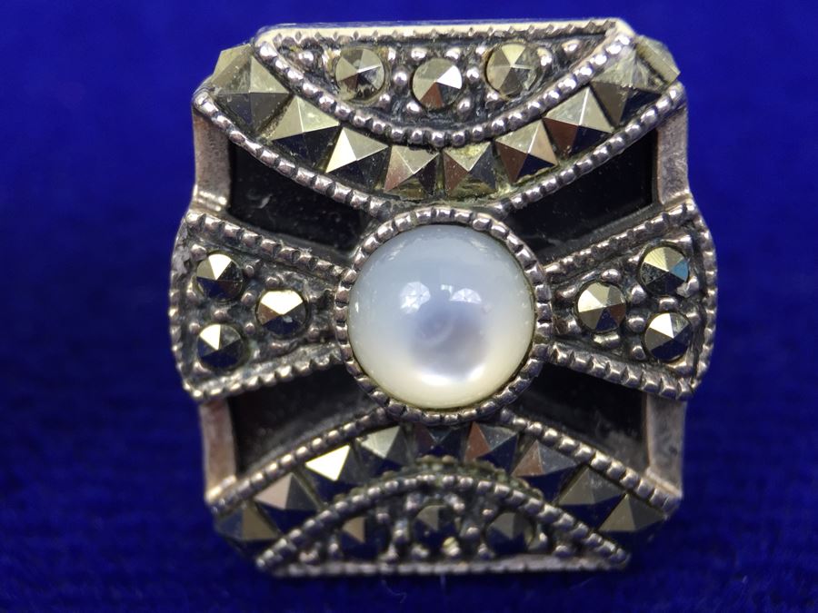 Vintage Sterling Silver Marcasite, Moonstone, Black Onyx Pierced Earrings Signed Sterling JJ Judith Jack [Photo 2]